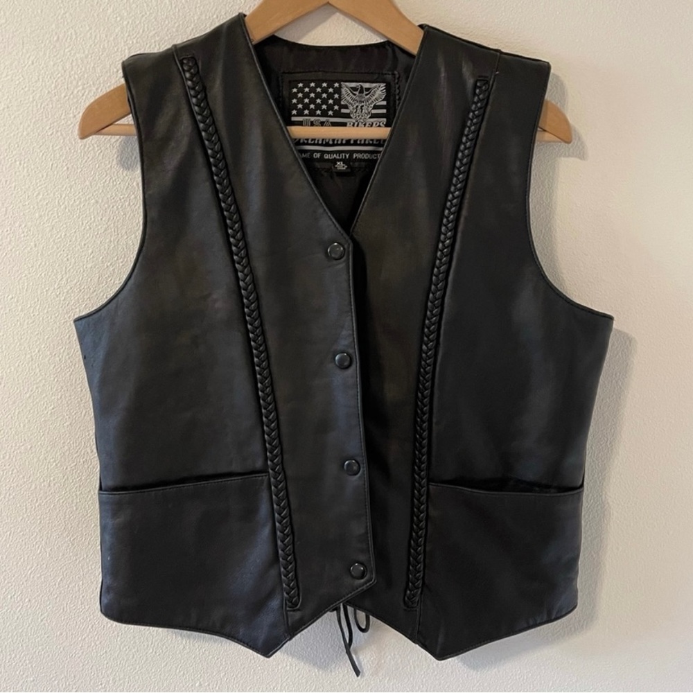Bikers Dream Apparel USA Leather Motorcycle Vest Black Lace Up Braided Pocket-XL